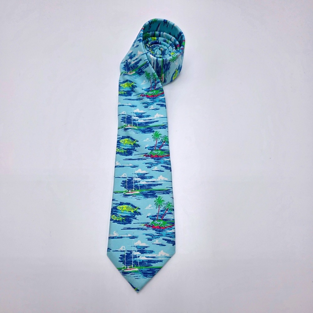 Vineyard Vines Martha Vineyard Silk Tie Light Blue Tropical Island Sailboat Fish